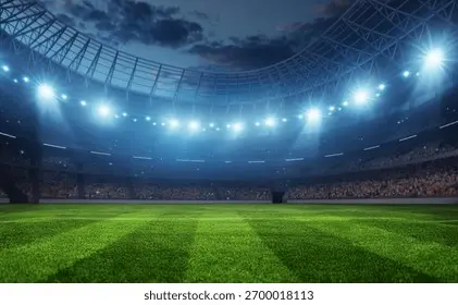 夜幕下灯火通明的足球场全景